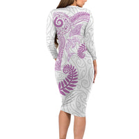 Aotearoa Maori Sea Animals Tribal Long Sleeve Bodycon Dress Manta Ray and Shark Moko Pattern Pink Color LT03 - Polynesian Pride