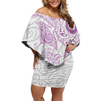 Aotearoa Maori Sea Animals Tribal Off Shoulder Short Dress Manta Ray and Shark Moko Pattern Pink Color