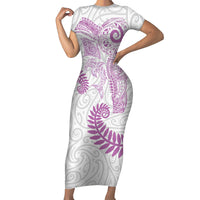 Aotearoa Maori Sea Animals Tribal Short Sleeve Bodycon Dress Manta Ray and Shark Moko Pattern Pink Color