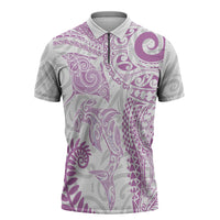 Aotearoa Maori Sea Animals Tribal Zipper Polo Shirt Manta Ray and Shark Moko Pattern Pink Color LT03 Pink - Polynesian Pride