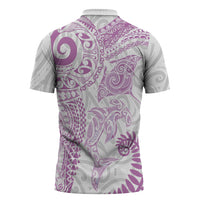 Aotearoa Maori Sea Animals Tribal Zipper Polo Shirt Manta Ray and Shark Moko Pattern Pink Color LT03 - Polynesian Pride