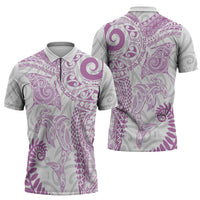 Aotearoa Maori Sea Animals Tribal Zipper Polo Shirt Manta Ray and Shark Moko Pattern Pink Color LT03 - Polynesian Pride