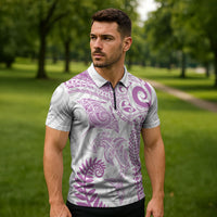 Aotearoa Maori Sea Animals Tribal Zipper Polo Shirt Manta Ray and Shark Moko Pattern Pink Color LT03 - Polynesian Pride