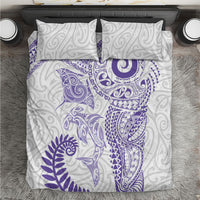 Aotearoa Maori Sea Animals Tribal Bedding Set Manta Ray and Shark Moko Pattern Purple Color