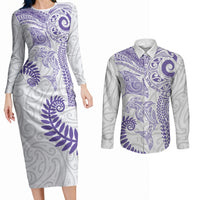 Aotearoa Maori Sea Animals Tribal Couples Matching Long Sleeve Bodycon Dress and Long Sleeve Button Shirt Manta Ray and Shark Moko Pattern Purple Color LT03 Purple - Polynesian Pride