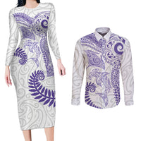 Aotearoa Maori Sea Animals Tribal Couples Matching Long Sleeve Bodycon Dress and Long Sleeve Button Shirt Manta Ray and Shark Moko Pattern Purple Color