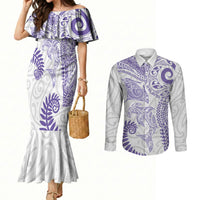 Aotearoa Maori Sea Animals Tribal Couples Matching Mermaid Dress and Long Sleeve Button Shirt Manta Ray and Shark Moko Pattern Purple Color LT03 Purple - Polynesian Pride