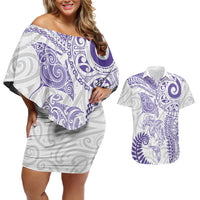 Aotearoa Maori Sea Animals Tribal Couples Matching Off Shoulder Short Dress and Hawaiian Shirt Manta Ray and Shark Moko Pattern Purple Color