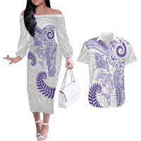 Aotearoa Maori Sea Animals Tribal Couples Matching Off The Shoulder Long Sleeve Dress and Hawaiian Shirt Manta Ray and Shark Moko Pattern Purple Color