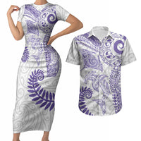 Aotearoa Maori Sea Animals Tribal Couples Matching Short Sleeve Bodycon Dress and Hawaiian Shirt Manta Ray and Shark Moko Pattern Purple Color LT03 Purple - Polynesian Pride