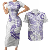Aotearoa Maori Sea Animals Tribal Couples Matching Short Sleeve Bodycon Dress and Hawaiian Shirt Manta Ray and Shark Moko Pattern Purple Color LT03 Purple - Polynesian Pride
