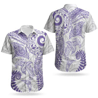 Aotearoa Maori Sea Animals Tribal Couples Matching Short Sleeve Bodycon Dress and Hawaiian Shirt Manta Ray and Shark Moko Pattern Purple Color LT03 - Polynesian Pride