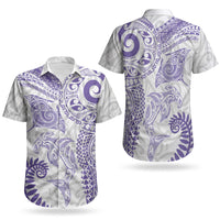 Aotearoa Maori Sea Animals Tribal Couples Matching Short Sleeve Bodycon Dress and Hawaiian Shirt Manta Ray and Shark Moko Pattern Purple Color LT03 - Polynesian Pride