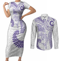 Aotearoa Maori Sea Animals Tribal Couples Matching Short Sleeve Bodycon Dress and Long Sleeve Button Shirt Manta Ray and Shark Moko Pattern Purple Color LT03 Purple - Polynesian Pride
