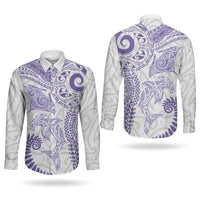 Aotearoa Maori Sea Animals Tribal Couples Matching Short Sleeve Bodycon Dress and Long Sleeve Button Shirt Manta Ray and Shark Moko Pattern Purple Color LT03 - Polynesian Pride