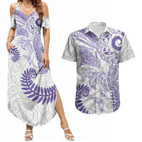 Aotearoa Maori Sea Animals Tribal Couples Matching Summer Maxi Dress and Hawaiian Shirt Manta Ray and Shark Moko Pattern Purple Color LT03 Purple - Polynesian Pride