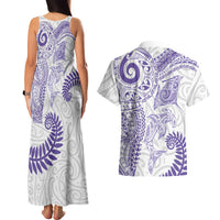 Aotearoa Maori Sea Animals Tribal Couples Matching Tank Maxi Dress and Hawaiian Shirt Manta Ray and Shark Moko Pattern Purple Color