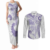 Aotearoa Maori Sea Animals Tribal Couples Matching Tank Maxi Dress and Long Sleeve Button Shirt Manta Ray and Shark Moko Pattern Purple Color LT03 Purple - Polynesian Pride