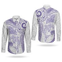 Aotearoa Maori Sea Animals Tribal Couples Matching Tank Maxi Dress and Long Sleeve Button Shirt Manta Ray and Shark Moko Pattern Purple Color LT03 - Polynesian Pride