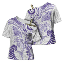Aotearoa Maori Sea Animals Tribal Cross Shoulder Shirt Manta Ray and Shark Moko Pattern Purple Color