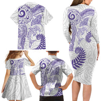 Aotearoa Maori Sea Animals Tribal Family Matching Long Sleeve Bodycon Dress and Hawaiian Shirt Manta Ray and Shark Moko Pattern Purple Color LT03 Mom's Dress Purple - Polynesian Pride