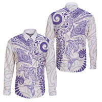 Aotearoa Maori Sea Animals Tribal Family Matching Long Sleeve Bodycon Dress and Hawaiian Shirt Manta Ray and Shark Moko Pattern Purple Color LT03 Dad's Shirt - Long Sleeve Purple - Polynesian Pride