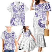 Aotearoa Maori Sea Animals Tribal Family Matching Mermaid Dress and Hawaiian Shirt Manta Ray and Shark Moko Pattern Purple Color