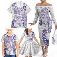 Aotearoa Maori Sea Animals Tribal Family Matching Off The Shoulder Long Sleeve Dress and Hawaiian Shirt Manta Ray and Shark Moko Pattern Purple Color LT03 - Polynesian Pride