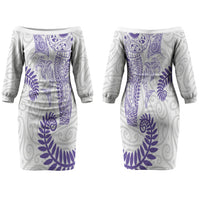Aotearoa Maori Sea Animals Tribal Family Matching Off The Shoulder Long Sleeve Dress and Hawaiian Shirt Manta Ray and Shark Moko Pattern Purple Color LT03 Mom's Dress Purple - Polynesian Pride