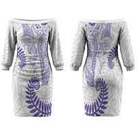 Aotearoa Maori Sea Animals Tribal Family Matching Off The Shoulder Long Sleeve Dress and Hawaiian Shirt Manta Ray and Shark Moko Pattern Purple Color LT03 Mom's Dress Purple - Polynesian Pride