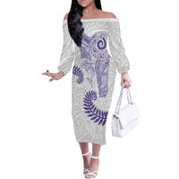 Aotearoa Maori Sea Animals Tribal Family Matching Off The Shoulder Long Sleeve Dress and Hawaiian Shirt Manta Ray and Shark Moko Pattern Purple Color