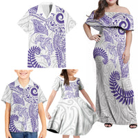 Aotearoa Maori Sea Animals Tribal Family Matching Off Shoulder Maxi Dress and Hawaiian Shirt Manta Ray and Shark Moko Pattern Purple Color LT03 - Polynesian Pride
