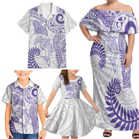 Aotearoa Maori Sea Animals Tribal Family Matching Off Shoulder Maxi Dress and Hawaiian Shirt Manta Ray and Shark Moko Pattern Purple Color LT03 - Polynesian Pride