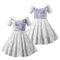Aotearoa Maori Sea Animals Tribal Family Matching Off Shoulder Maxi Dress and Hawaiian Shirt Manta Ray and Shark Moko Pattern Purple Color LT03 Daughter's Dress Purple - Polynesian Pride
