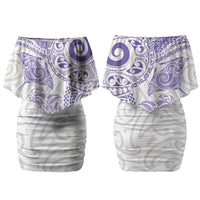 Aotearoa Maori Sea Animals Tribal Family Matching Off Shoulder Short Dress and Hawaiian Shirt Manta Ray and Shark Moko Pattern Purple Color LT03 Mom's Dress Purple - Polynesian Pride