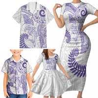 Aotearoa Maori Sea Animals Tribal Family Matching Short Sleeve Bodycon Dress and Hawaiian Shirt Manta Ray and Shark Moko Pattern Purple Color LT03 - Polynesian Pride