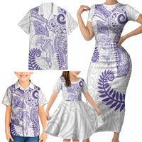 Aotearoa Maori Sea Animals Tribal Family Matching Short Sleeve Bodycon Dress and Hawaiian Shirt Manta Ray and Shark Moko Pattern Purple Color LT03 - Polynesian Pride