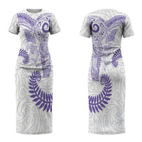 Aotearoa Maori Sea Animals Tribal Family Matching Short Sleeve Bodycon Dress and Hawaiian Shirt Manta Ray and Shark Moko Pattern Purple Color LT03 Mom's Dress Purple - Polynesian Pride