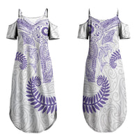Aotearoa Maori Sea Animals Tribal Family Matching Summer Maxi Dress and Hawaiian Shirt Manta Ray and Shark Moko Pattern Purple Color LT03 Mom's Dress Purple - Polynesian Pride