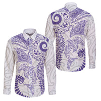 Aotearoa Maori Sea Animals Tribal Family Matching Summer Maxi Dress and Hawaiian Shirt Manta Ray and Shark Moko Pattern Purple Color LT03 Dad's Shirt - Long Sleeve Purple - Polynesian Pride