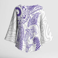 Aotearoa Maori Sea Animals Tribal Kimono Sleeve Blouse Manta Ray and Shark Moko Pattern Purple Color