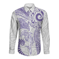 Aotearoa Maori Sea Animals Tribal Long Sleeve Button Shirt Manta Ray and Shark Moko Pattern Purple Color LT03 Unisex Purple - Polynesian Pride