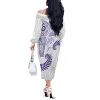 Aotearoa Maori Sea Animals Tribal Off The Shoulder Long Sleeve Dress Manta Ray and Shark Moko Pattern Purple Color LT03 - Polynesian Pride