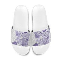 Aotearoa Maori Sea Animals Tribal Slide Sandals Manta Ray and Shark Moko Pattern Purple Color