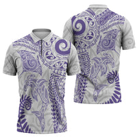 Aotearoa Maori Sea Animals Tribal Zipper Polo Shirt Manta Ray and Shark Moko Pattern Purple Color LT03 - Polynesian Pride