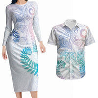 Aotearoa Maori Sea Animals Tribal Couples Matching Long Sleeve Bodycon Dress and Hawaiian Shirt Manta Ray and Shark Moko Pattern Sweet Pastel LT03 Multicolor - Polynesian Pride