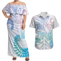 Aotearoa Maori Sea Animals Tribal Couples Matching Off Shoulder Maxi Dress and Hawaiian Shirt Manta Ray and Shark Moko Pattern Sweet Pastel LT03 Multicolor - Polynesian Pride