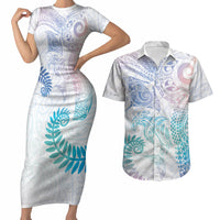 Aotearoa Maori Sea Animals Tribal Couples Matching Short Sleeve Bodycon Dress and Hawaiian Shirt Manta Ray and Shark Moko Pattern Sweet Pastel LT03 Multicolor - Polynesian Pride