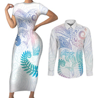 Aotearoa Maori Sea Animals Tribal Couples Matching Short Sleeve Bodycon Dress and Long Sleeve Button Shirt Manta Ray and Shark Moko Pattern Sweet Pastel LT03 Multicolor - Polynesian Pride