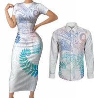 Aotearoa Maori Sea Animals Tribal Couples Matching Short Sleeve Bodycon Dress and Long Sleeve Button Shirt Manta Ray and Shark Moko Pattern Sweet Pastel LT03 Multicolor - Polynesian Pride